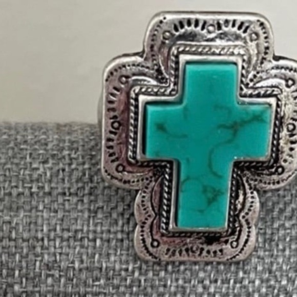 🎉❤️Maria Turquoise Silver Cross Stretch Ring - Picture 1 of 5